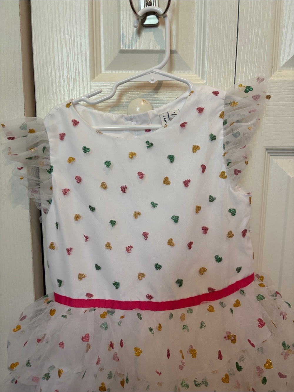 White Tulle Heart Print Party Dress with Pink Waist - Picture 2 of 8